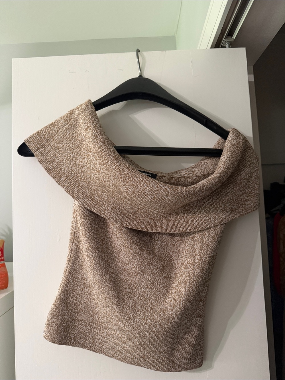 Express Off-the-Shoulder Sweater Top in Tan and Cream